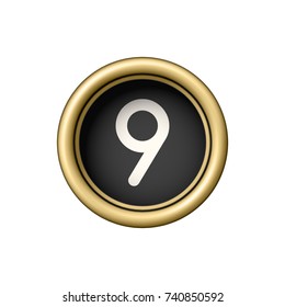 Number 9. Vintage golden typewriter button isolated on white background. Realistic icon isolated on white. Graphic design element for scrapbooking, sticker, web site, symbol, icon. Vector illustration