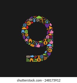Number 9 with web icons. Vector illustration.