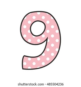 Number 9 with white polka dots on pastel pink, vector illustration isolated on white background