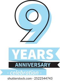 Número 9 años Celebración del aniversario Logo Estilo Línea negra y color azul claro sobre fondo blanco.