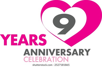 number of 9 years anniversary celebration logo style in black color with pink heart shape, isolated on white background.