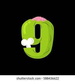 Number 9 zombie. Monster Font nine. bones and brains alphabet sign. Green ABC symbol