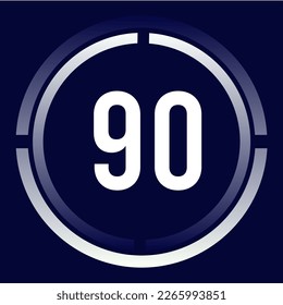 Number 90 design for business, print, books, movies, time-counting, companies in white, blue and blue gradient colors with half circles.