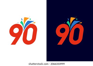 Nummer 90 Feuerwerk-Logo. Das Design zum Jubiläum oder Feiern mit buntem Feuerwerk
