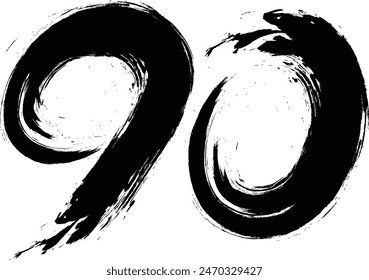 number 90 with paint brush strokes, number Vector paintbrush, 90 ,Number ,grunge brush freestyle font, designed using black and white handwriting line shape, logo, symbol, icon, graphic, vector.