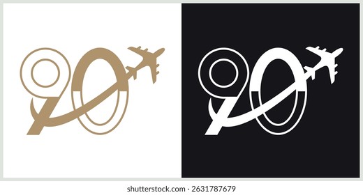 Número 90 Plane Travel Logo Modelo Design Vetor, Linha Design Conceito, Símbolo Criativo, Ícone