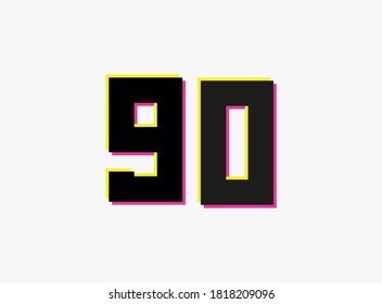 Number 90 vector desing logo. Dynamic, split-color, shadow of  number pink and yellow on white background. For social media,design elements, creative poster, anniversary celebration, greeting etc.