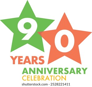 number of 90 years anniversary celebration logo style in lime green and orange star color, isolated on white background.
