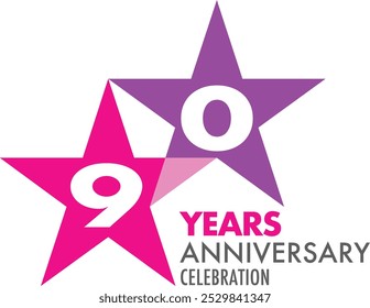 number of 90 years anniversary celebration logo style in pink and purple star shape, isolated on white background.