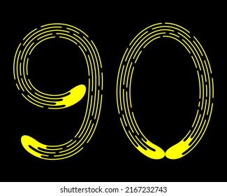 Number 90 from yellow dotted lines isolated on black background. Design element. Vector illustration