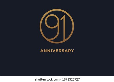 Number 91 logo, gold line circle with number inside, usable for anniversary and invitation, golden number design template, vector illustration
