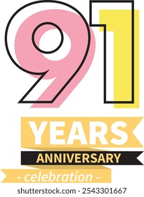 number 91 years anniversary celebration logo style black line with light pink and light yellow color, isolated on white background.