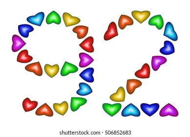 Number 92 of colorful hearts on white. Symbol for happy birthday, event, invitation, greeting card, award, ceremony. Holiday anniversary sign. Multicolored icon. Ninety two in rainbow colors. Vector