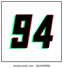 Número 93, noventa y tres logotipo de diseño vectorial.Dinámico, de dos colores, sombra de número rojo, verde, azul en marco negro sobre fondo blanco.