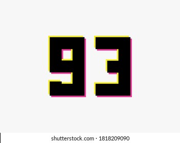 Number 93 vector desing logo. Dynamic, split-color, shadow of  number pink and yellow on white background. For social media,design elements, creative poster, anniversary celebration, greeting etc.
