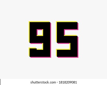 Number 95 vector desing logo. Dynamic, split-color, shadow of  number pink and yellow on white background. For social media,design elements, creative poster, anniversary celebration, greeting etc.