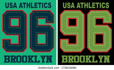 Number 96 with sewing line in the middle and USA Athletics at the top and Brooklyn at the bottom. in two colors for boys t shirt printing