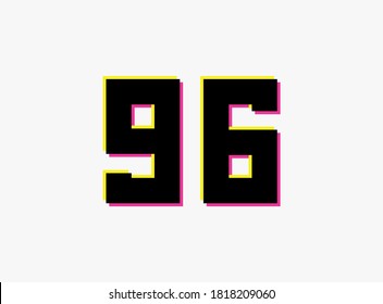 Number 96 vector desing logo. Dynamic, split-color, shadow of  number pink and yellow on white background. For social media,design elements, creative poster, anniversary celebration, greeting etc.