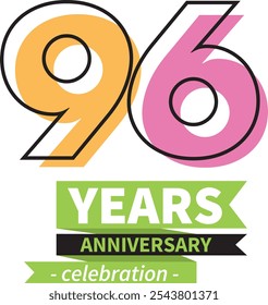 number 96 years anniversary celebration logo style black line with lorange and pink color, isolated on white background.
