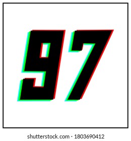 Number 97, ninety seven vector desing logo.Dynamic, split-color, shadow of  number red, green, blue in black frame on white background.