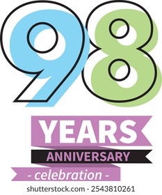 number 98 years anniversary celebration logo style black line with cyan and green color, isolated on white background.