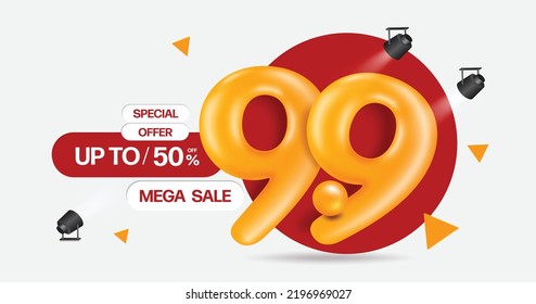 Number 9.9 3d yellow in front of the red circle and there is a promotion text mega sale special offer up to 50% for promotion design mega sale on the ninth day of the ninth month,vector 3d isolated