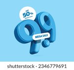 Number 9.9 in blue 3D floating in air looks like movement and there are promotion special offers, mega sale, 50% off, placed on front and top, vector 3d for promotion on the ninth day of ninth month