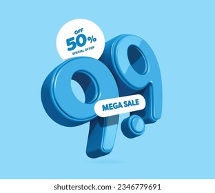 Number 9.9 in blue 3D floating in air looks like movement and there are promotion special offers, mega sale, 50% off, placed on front and top, vector 3d for promotion on the ninth day of ninth month