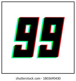 Número 99, noventa y nueve logo de diseño vectorial.Dinámico, de dos colores, sombra de rojo número, verde, azul en marco negro sobre fondo blanco.Para medios sociales, elementos de diseño, saludo de celebración de aniversario
