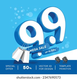 Number 9.9 white with blue border Floats in air and moves. There are shopping bags hanging from sides and mega sale promotion campaign sign 50% off, on front, Promotion on nine day of  nine month