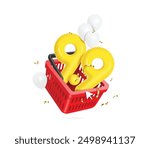 Number 9.9 yellow 3D and white balloons Place in red shopping basket for mega sale campaign promotion design on the ninth day of the ninth month, vector isolated on white background for banner design