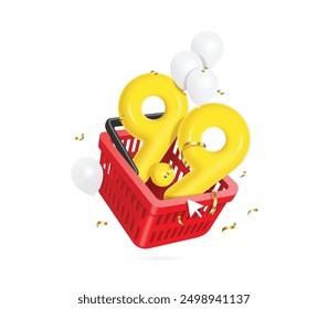 Number 9.9 yellow 3D and white balloons Place in red shopping basket for mega sale campaign promotion design on the ninth day of the ninth month, vector isolated on white background for banner design