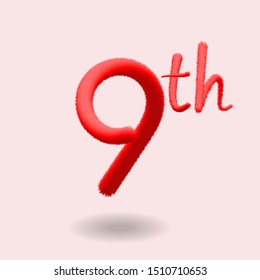 Number 9th Realistic Fur Effect. Fur number and element. Funny fur element for poster, branding, design birthday, anniversary, New Year, holiday sale, game design. EPS10