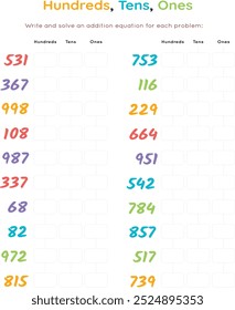 Atividade numérica para crianças, centenas de dezenas e um, matemática novo conceito de aprendizagem, ilustração vetorial
