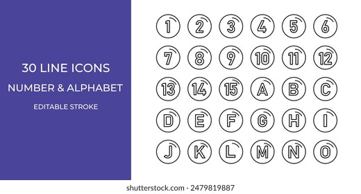 Number and Alphabet icon set vector illustration stroke editable. letter, one, a, b, c and more