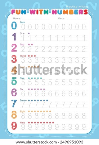 Number alphabet tracing practice worksheets, educational letters 0 to 9 dot tracing pattern for kids or children in kindergarten.