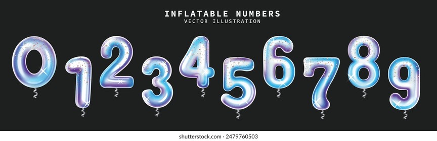 Número de globos conjunto de diseño de Vector. Colección de Elementos inflables aislados en negro para el diseño de la decoración de la ocasión de la celebración del cumpleaños y del aniversario. Ilustración vectorial inflable