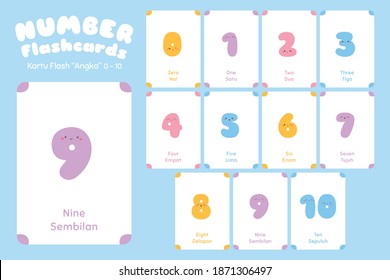 Number Bilingual Flashcards Vector Set. Cute Number 0 To 10  Educational Flashcards For Kids.