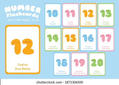 Number bilingual flashcards vector set. Cute Number 10 to 20  educational flashcards for kids.