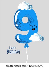 The number for birthday greeting card. Vector graphics. It is the balloon number nine. Use for card, poster, banner, web design and print on t-shirt. Easy to edit. Vector illustration.