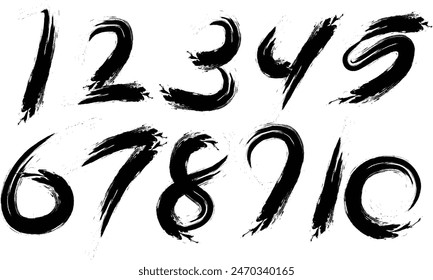 number Brush strokes paint - number Vector paintbrush, Set of decorative numbers drawn by hand with ink, Vector set of calligraphic hand written numbers. Design elements, brush lettering.