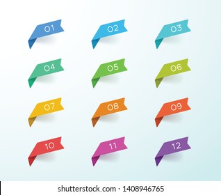 Number Bullet Point 1 to 12 Colorful Label Ribbons Set