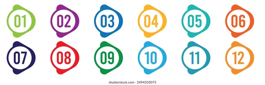 Number bullet point 1 to 12 vector set in multi color. Vector illustration.