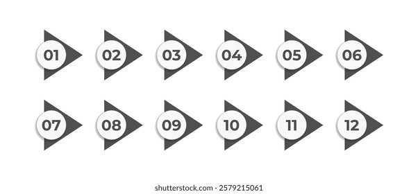 Number bullet point 1 to 12 vector set. Color tags, icons and buttons. Isolated 3d vector set of colorful Info markers in triangle shape with realistic shadows, digits from one to twelve.