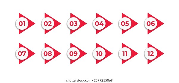 Number bullet point 1 to 12 vector set. Color tags, icons and buttons. Isolated 3d vector set of colorful Info markers in triangle shape with realistic shadows, digits from one to twelve.