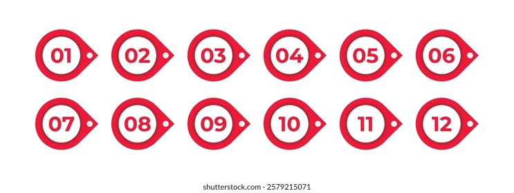 Number bullet point 1 to 12 vector set. Color tags, icons and buttons. Isolated 3d vector set of colorful Info markers in shape of drop with realistic shadows, digits from one to twelve.