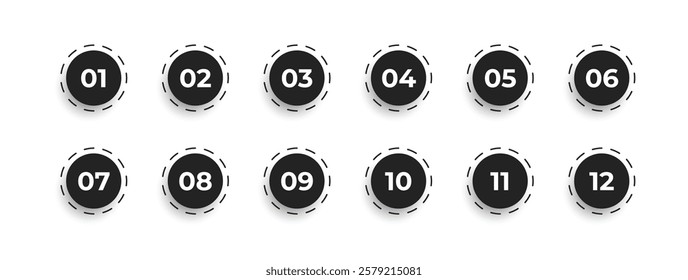 Number bullet point 1 to 12 vector set. Color tags, icons and buttons. Isolated 3d vector set of colorful Info markers in circle shape with realistic shadows, digits from one to twelve.