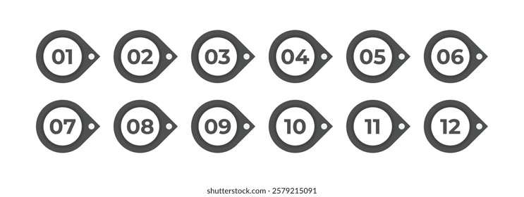 Number bullet point 1 to 12 vector set. Color tags, icons and buttons. Isolated 3d vector set of Info markers in shape of drop with realistic shadows, digits from one to twelve.