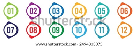 Number bullet point 1 to 12 vector set in multi color. Vector illustration.