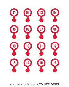 Number bullet point 1 to 16 vector set. Color tags, icons and buttons. Isolated vector set of Info markers in shape of drop with realistic shadows, digits from one to sixteen. Vector illustration.